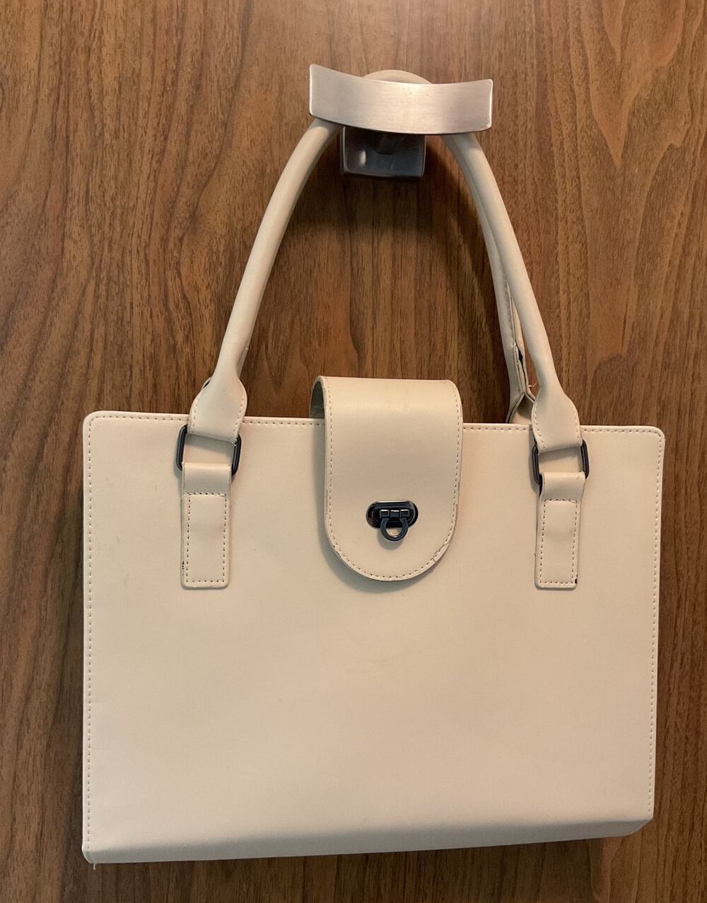 Vintage Cream Faux Leather Briefcase Document File Case Shoulder Bag